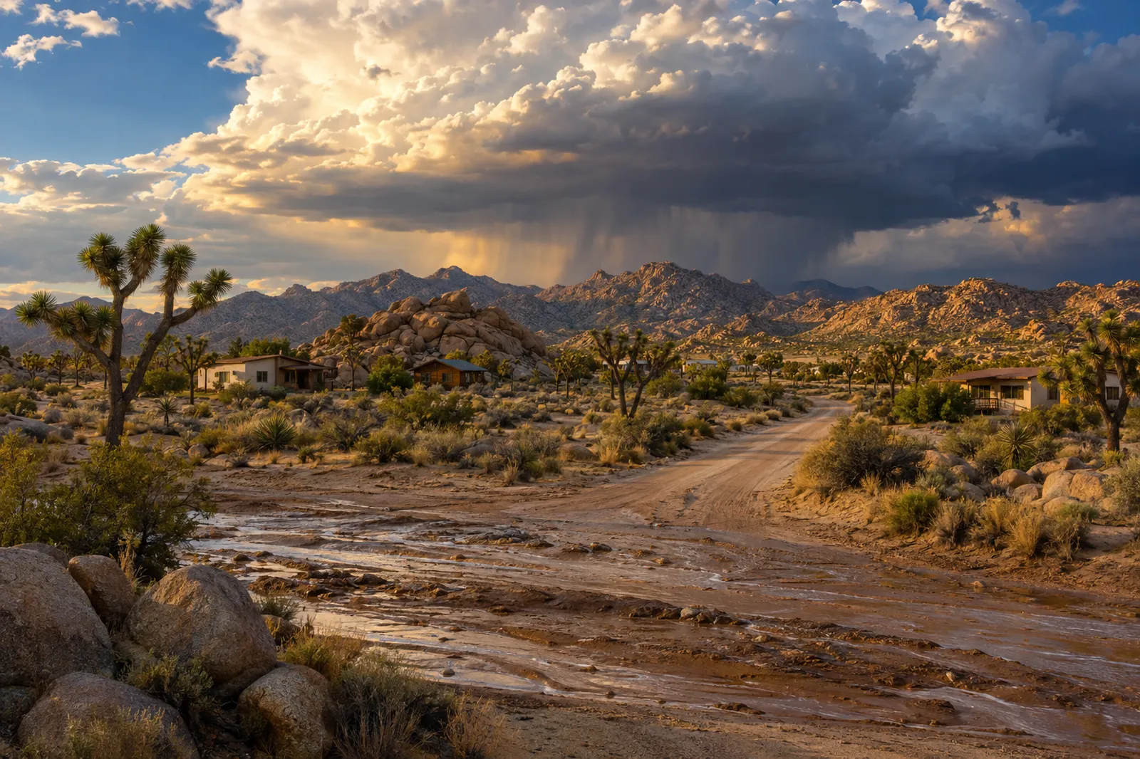 Joshua trees and scattered desert homes with monsoon clouds and runoff in a wash
